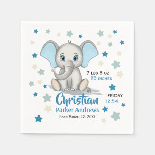 Cute Baby Elephant with Blue Ears Boy Birth Stats Napkins