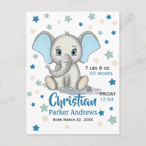Cute Baby Elephant with Blue Ears Boy Birth Stats Postcard