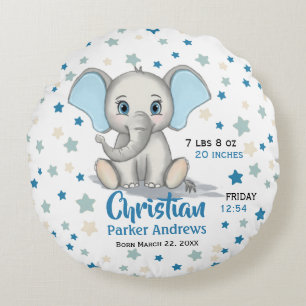 Cute Baby Elephant with Blue Ears Boy Birth Stats Round Pillow