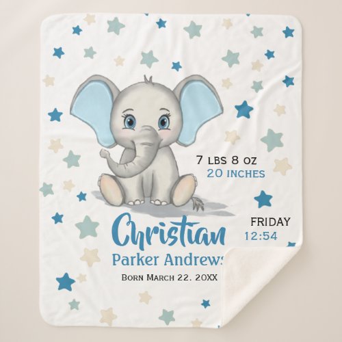 Cute Baby Elephant with Blue Ears Boy Birth Stats Sherpa Blanket