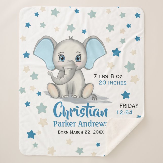 Cute Baby Elephant with Blue Ears Boy Birth Stats Sherpa Blanket (Front)