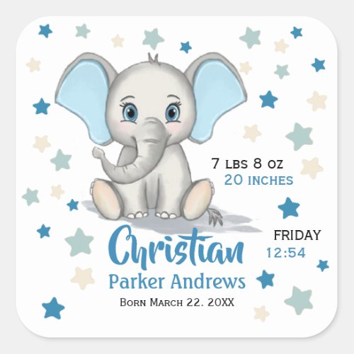 Cute Baby Elephant with Blue Ears Boy Birth Stats Square Sticker