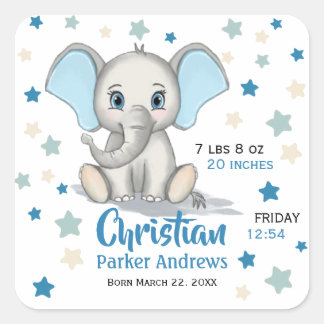 Cute Baby Elephant with Blue Ears Boy Birth Stats Square Sticker