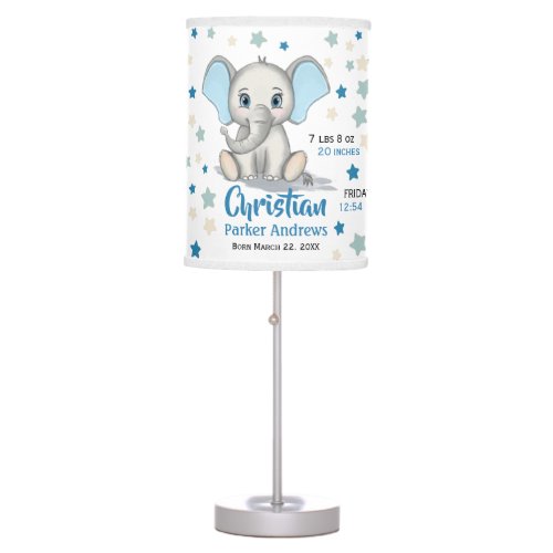Cute Baby Elephant with Blue Ears Boy Birth Stats Table Lamp