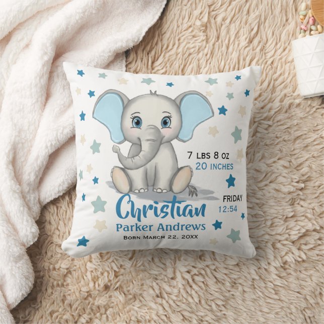 Cute Baby Elephant with Blue Ears Boy Birth Stats Throw Pillow (Blanket)