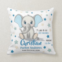 Cute Baby Elephant with Blue Ears Boy Birth Stats Throw Pillow