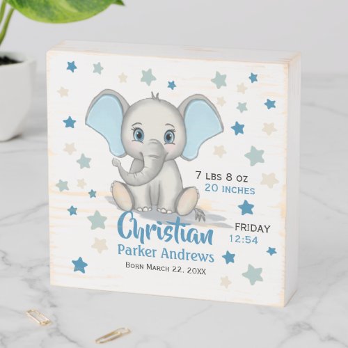 Cute Baby Elephant with Blue Ears Boy Birth Stats Wooden Box Sign