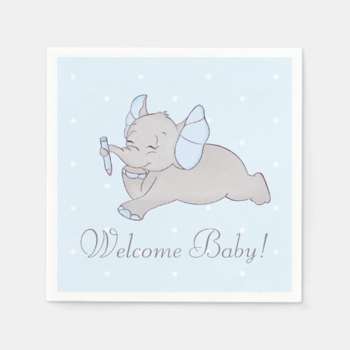 Cute baby elephant with blue pencil napkins