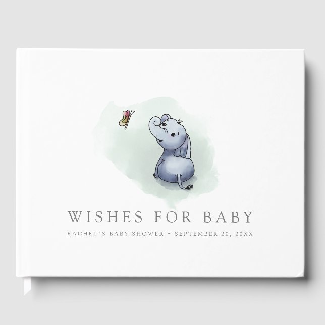 Cute baby elephant with butterfly baby shower guest book (Front)
