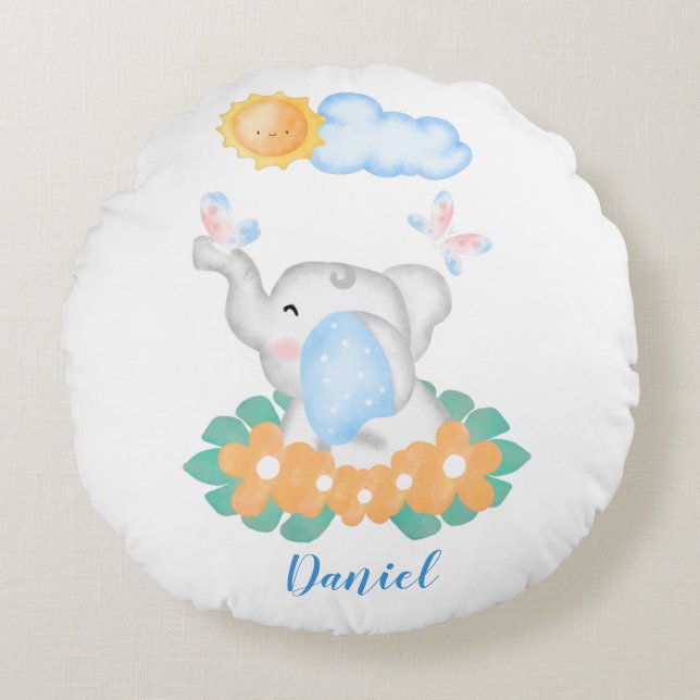 Cute Baby Elephant with flowers Round Cushion (Front)