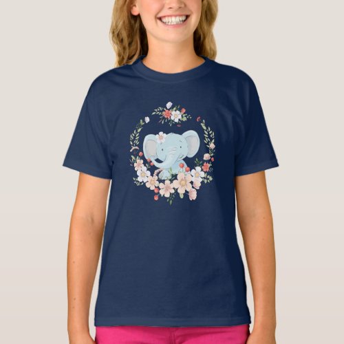 Cute baby elephant with flowers wreath T_Shirt