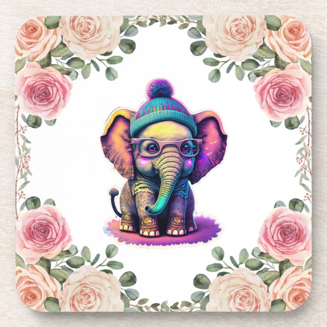 Cute Baby Elephant with Glasses and Beanie Beverage Coaster (Front)