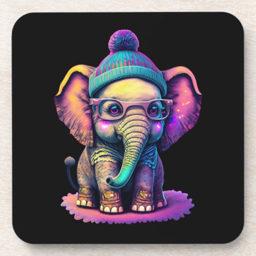 Cute Baby Elephant with Glasses and Beanie Beverage Coaster