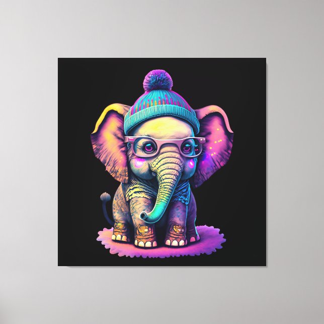 Cute Baby Elephant with Glasses and Beanie Canvas Print (Front)
