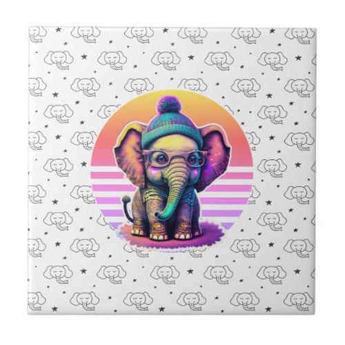 Cute Baby Elephant with Glasses and Beanie Ceramic Tile