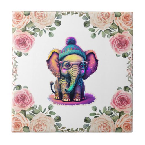 Cute Baby Elephant with Glasses and Beanie Ceramic Tile