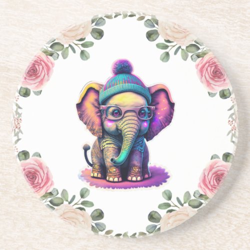 Cute Baby Elephant with Glasses and Beanie Coaster