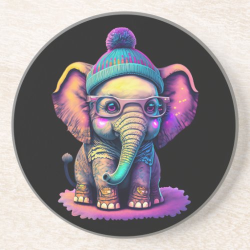 Cute Baby Elephant with Glasses and Beanie Coaster