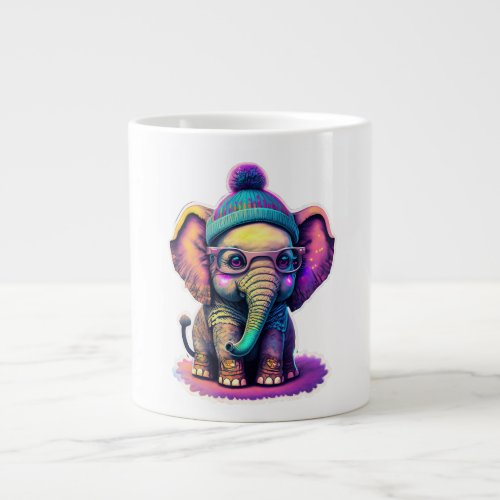 Cute Baby Elephant with Glasses and Beanie Giant Coffee Mug