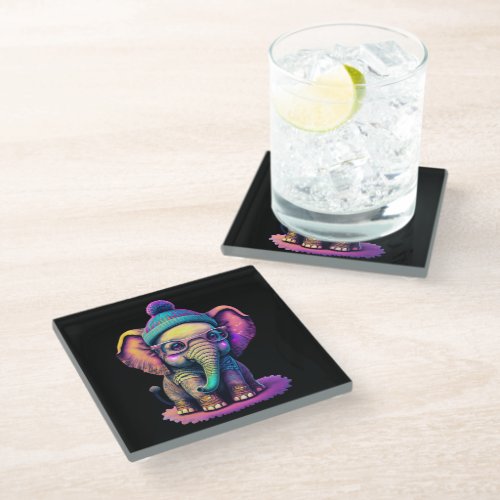Cute Baby Elephant with Glasses and Beanie Glass Coaster