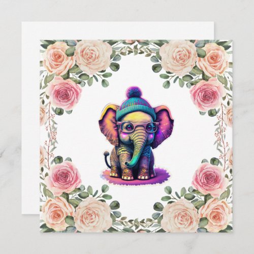 Cute Baby Elephant with Glasses and Beanie Holiday Card