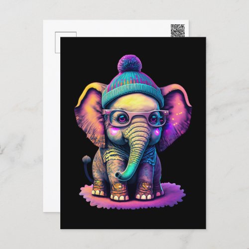 Cute Baby Elephant with Glasses and Beanie Holiday Postcard