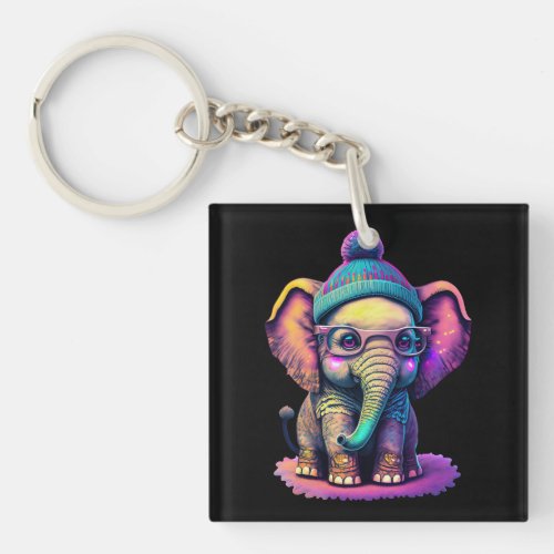 Cute Baby Elephant with Glasses and Beanie Keychain