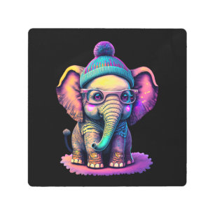 Cute Baby Elephant with Glasses and Beanie Metal Print