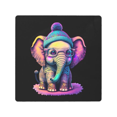 Cute Baby Elephant with Glasses and Beanie Metal Print