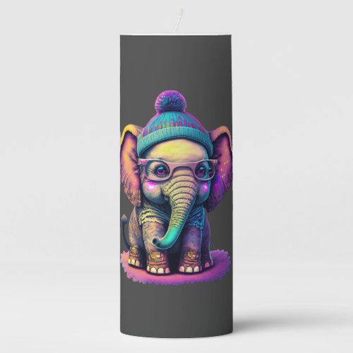 Cute Baby Elephant with Glasses and Beanie Pillar Candle