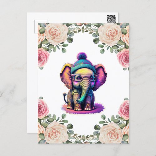 Cute Baby Elephant with Glasses and Beanie Postcard