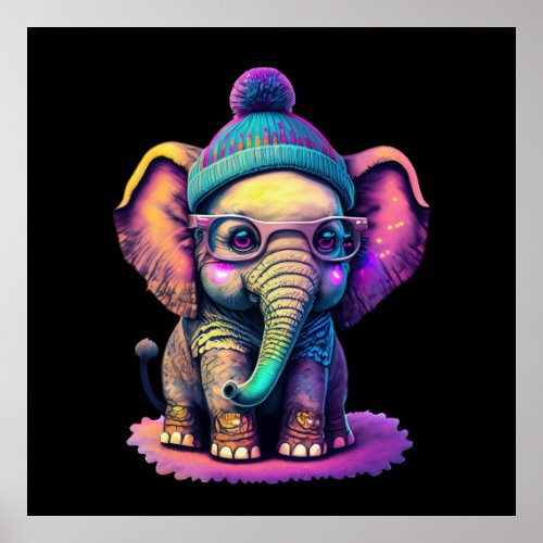Cute Baby Elephant with Glasses and Beanie Poster