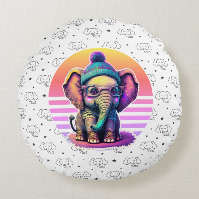 Cute Baby Elephant with Glasses and Beanie Round Pillow (Front)