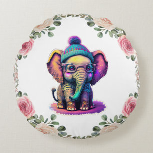 Cute Baby Elephant with Glasses and Beanie Round Pillow