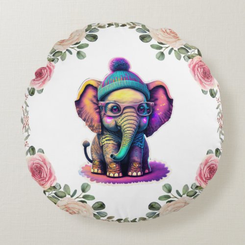 Cute Baby Elephant with Glasses and Beanie Round Pillow