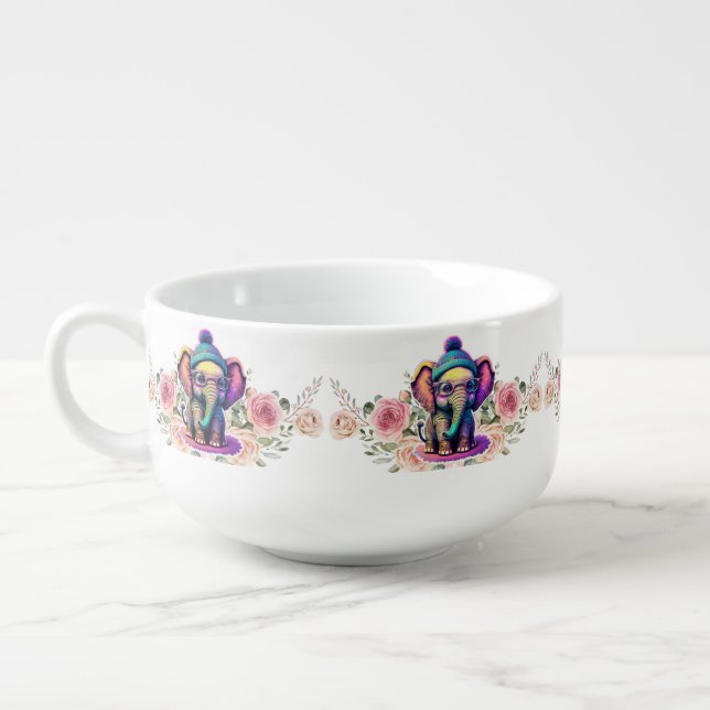 Cute Baby Elephant with Glasses and Beanie Soup Mug (Right)