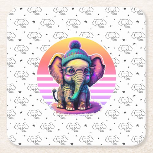Cute Baby Elephant with Glasses and Beanie Square Paper Coaster