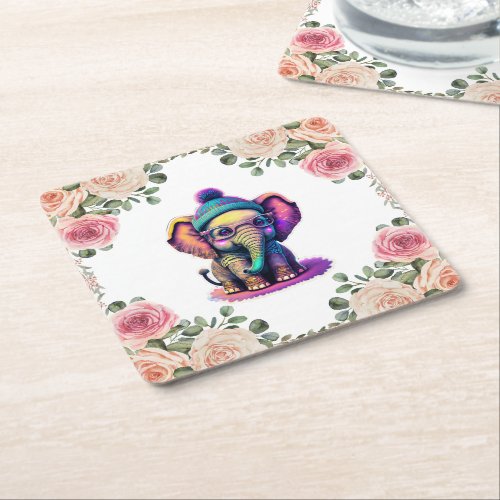 Cute Baby Elephant with Glasses and Beanie Square Paper Coaster
