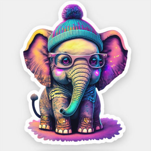 Cute Baby Elephant with Glasses and Beanie Sticker