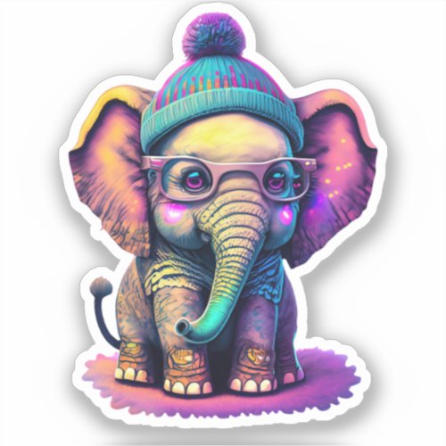 Cute Baby Elephant with Glasses and Beanie Sticker