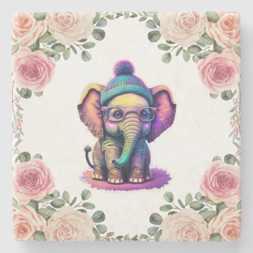Cute Baby Elephant with Glasses and Beanie Stone Coaster