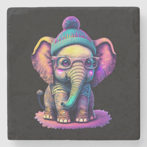 Cute Baby Elephant with Glasses and Beanie Stone Coaster
