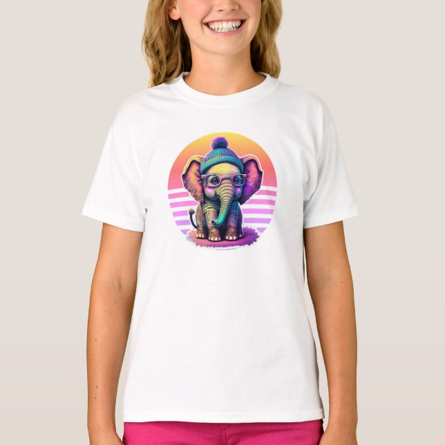 Cute Baby Elephant with Glasses and Beanie T-Shirt (Front)