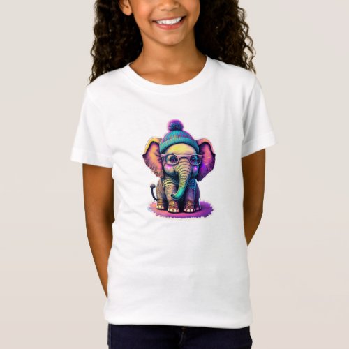 Cute Baby Elephant with Glasses and Beanie T_Shirt