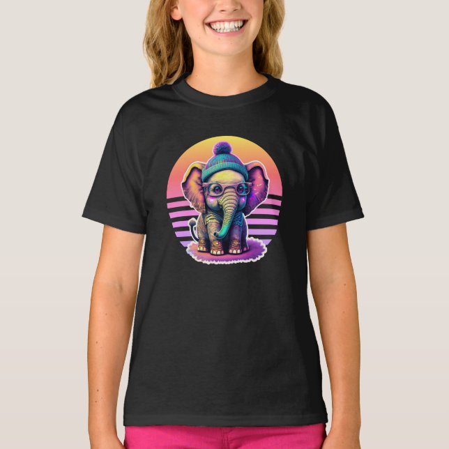 Cute Baby Elephant with Glasses and Beanie T-Shirt (Front)