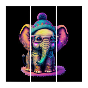 Cute Baby Elephant with Glasses and Beanie Triptych