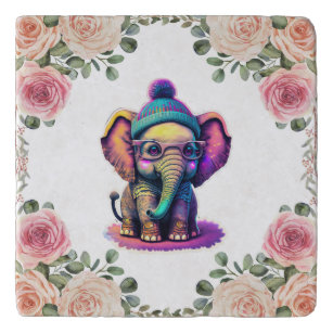 Cute Baby Elephant with Glasses and Beanie Trivet