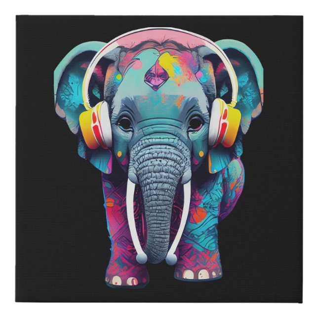 Cute Baby Elephant with Headphones Faux Canvas Print (Front)