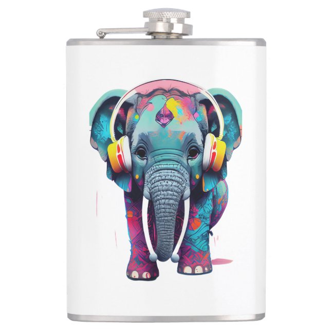 Cute Baby Elephant with Headphones Flask (Front)