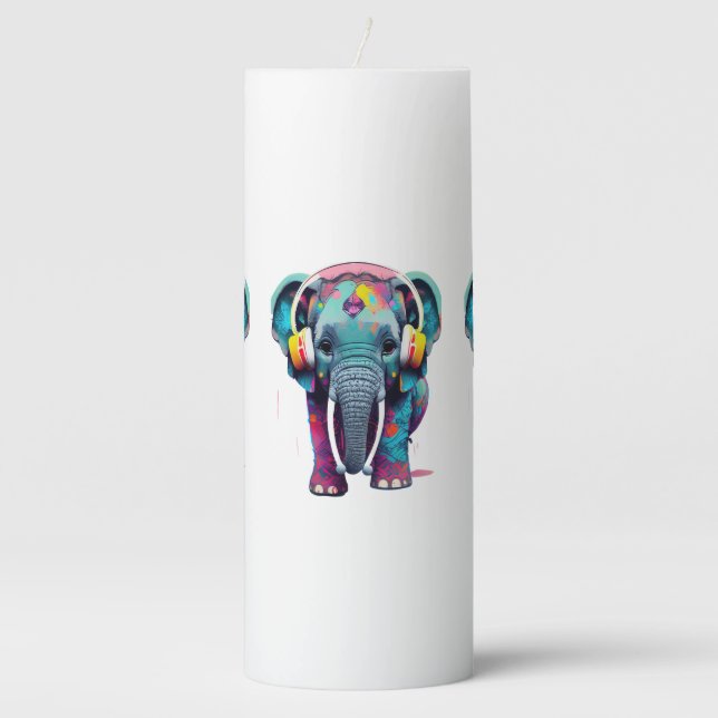 Cute Baby Elephant with Headphones Pillar Candle (Front)